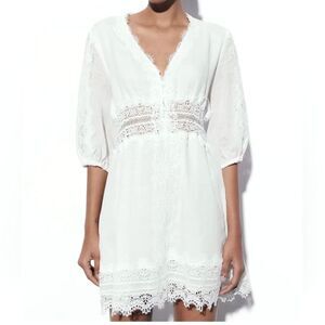 Zara Women Dress Lace White Linen Medium Short Stretch A-Line 3/4 Sleeve V Neck